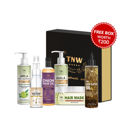 Anti-Hair fall Hamper (Amla Hair Conditioner, 5 in 1 Hair Serum, Onion Hair Oil, Amla shampoo, Hair mask, Herb Platter Oil + Get a FREE Gift Box)