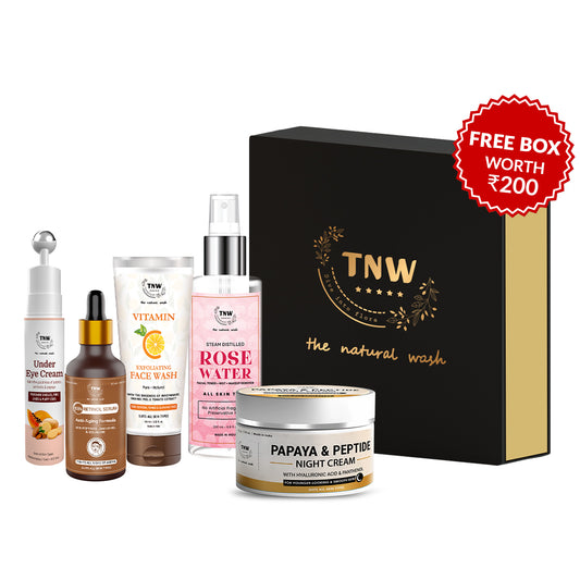 Night Skincare Hamper (Under Eye cream, 0.5% Retinol Serum, Vitamin-C Exfloating face wash, Rose water, Papaya & Peptide night cream + Get a FREE gift box)