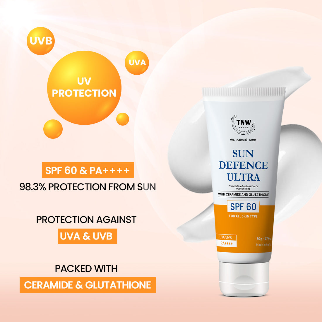 Sun Defence SPF 60 Cream with Glutathione | Protection Against UVA/UVB.