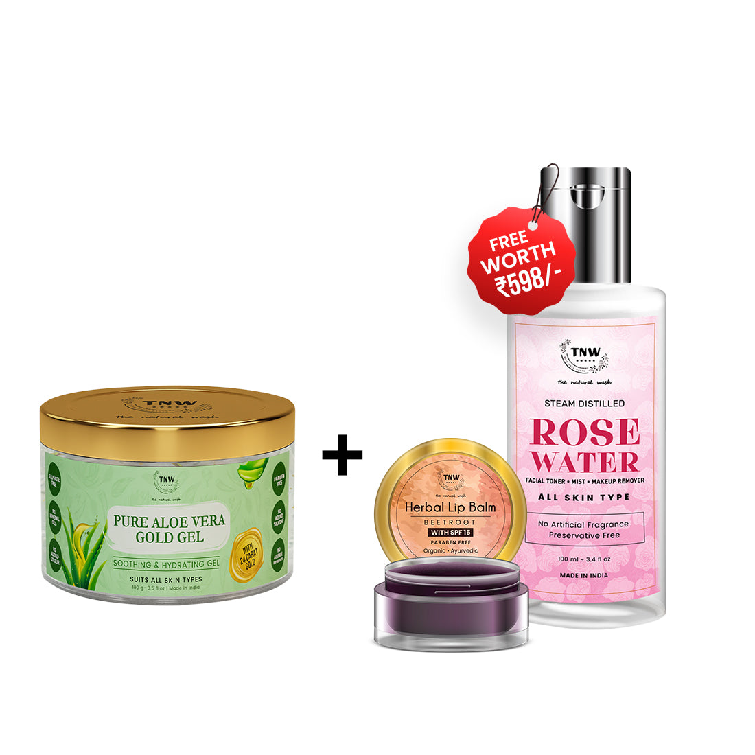 BUY ALOEVERA GEL, GET ROSE WATER & HERBAL LIP BALM FREE