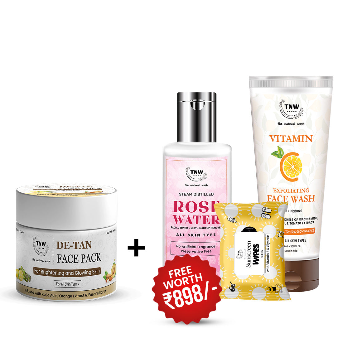 BUY DE-TAN FACE PACK 100GM & Get SPF Wipes + Rose Water 100ml + Vitamin C Face wash FREE