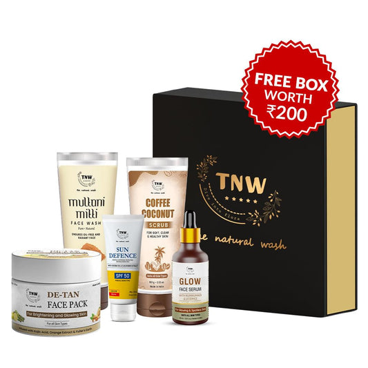 Anti - Tanning Hamper (DE-Tan face pack, Multani Mitti face Wash, Sun defence SPF50, Coffee Coconut Scrub, Glow face Serum + Get a FREE Gift Box)