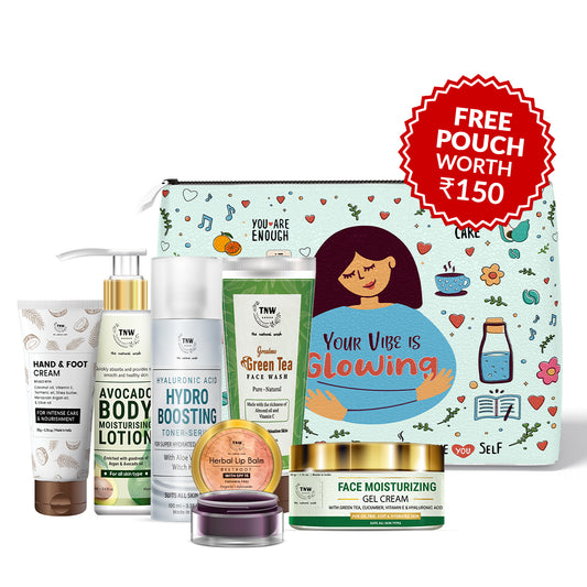 Winter Combo (Hand & Foot cream, Avocado body lotion, Hydro boosting toner-serum, Herbal lip balm, Green tea face wash, face moisturizing gel cream + Get a FREE Pouch)