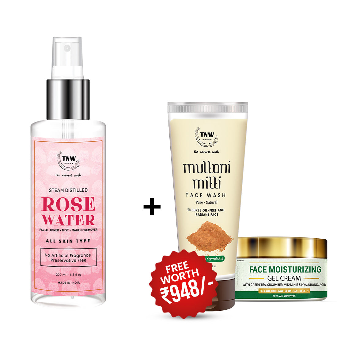 BUY ROSE WATER TONER 200ML, GET FACE MOISTURISING GEL CREAM + MULTANI MITTI FACEWASH FREE