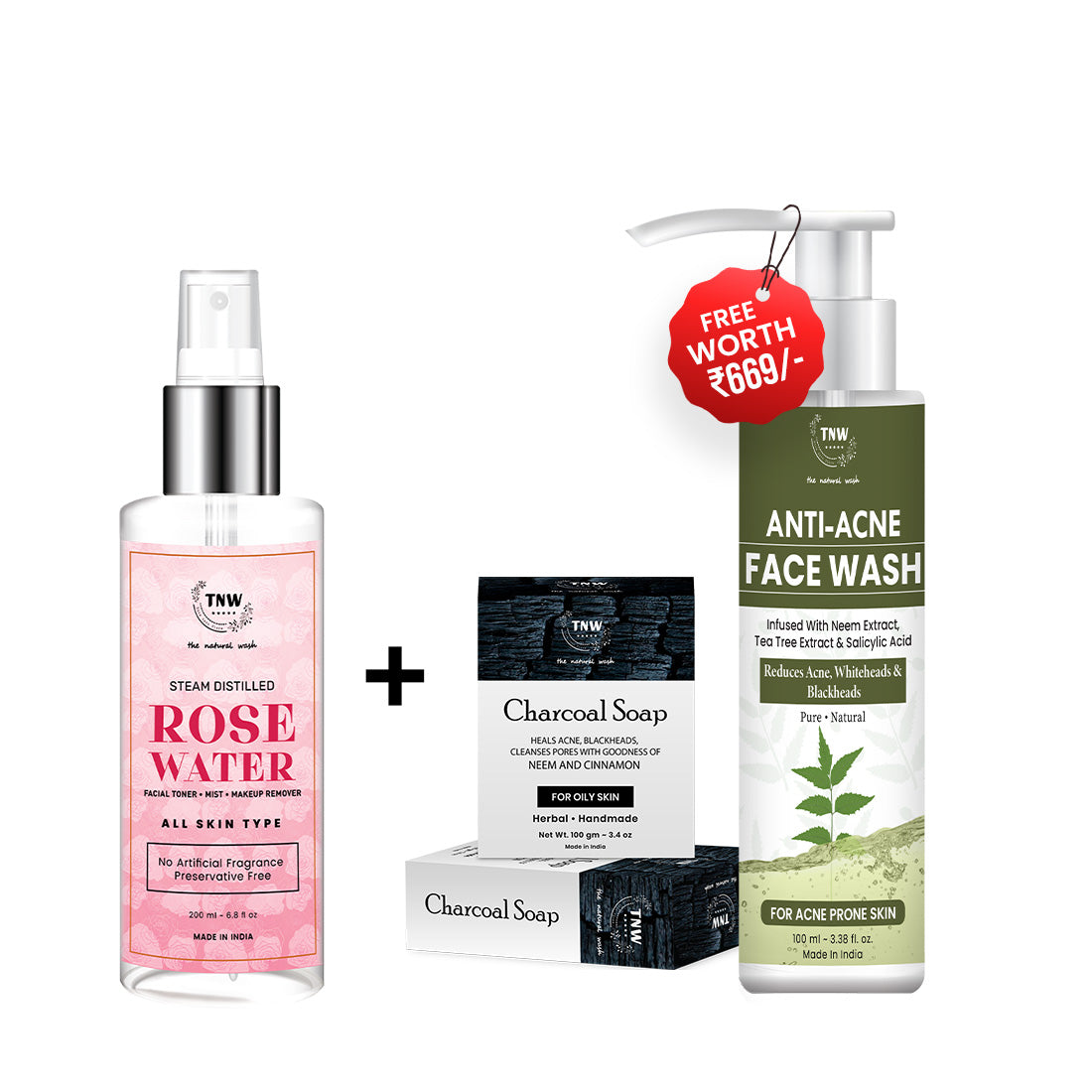 BUY ROSE WATER, GET ANTI ACNE FACE WASH & CHARCOAL SOAP FREE