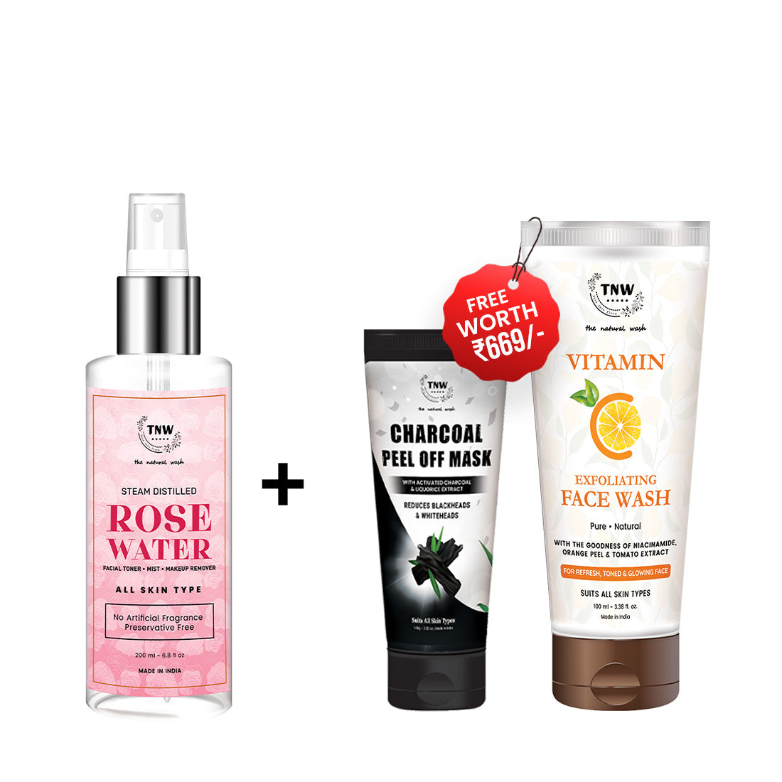 BUY ROSE WATER, GET ANTI ACNE FACE WASH & CHARCOAL PEEL MASK FREE