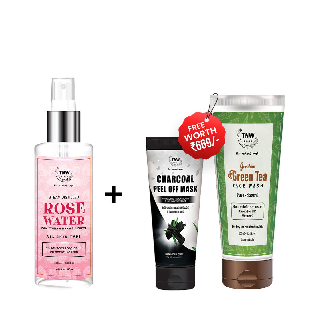 BUY ROSE WATER, GET ANTI ACNE FACE WASH & CHARCOAL PEEL MASK FREE